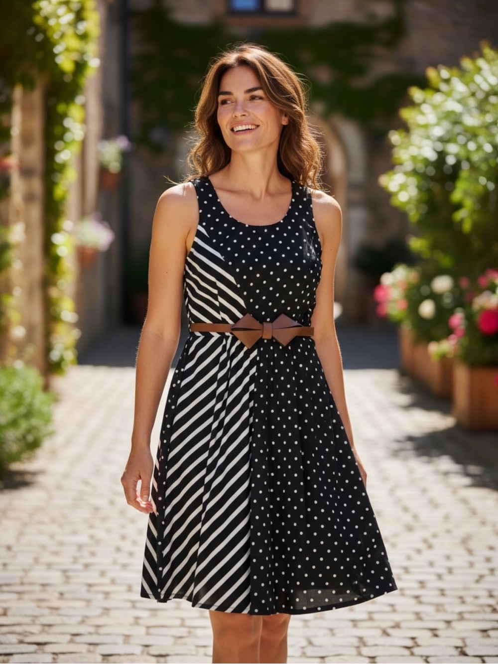 ARK & CO Black White Polka Dot Stripe Racerback Fit & Flare Dress Sz S
